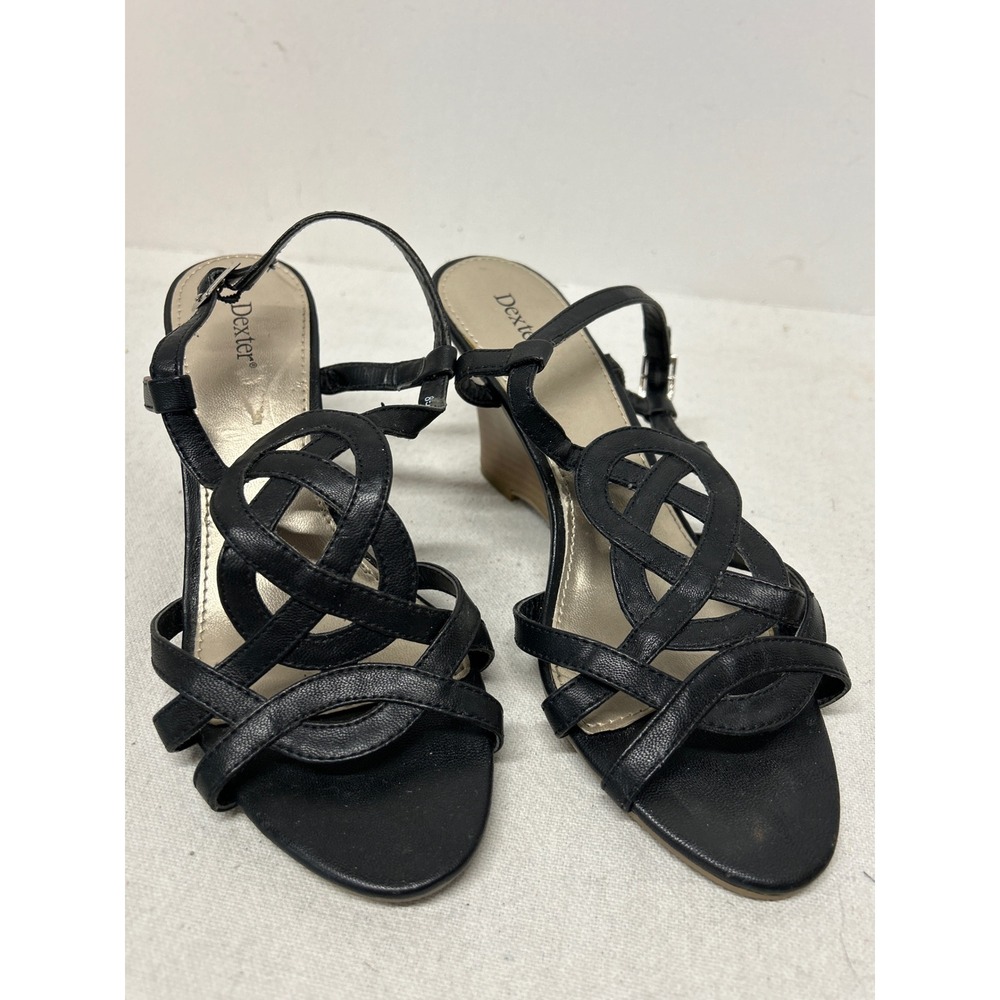 Vintage Dexter Women Black Wedge Heeled Sandals 7M Braided Straps Ankle Strap
